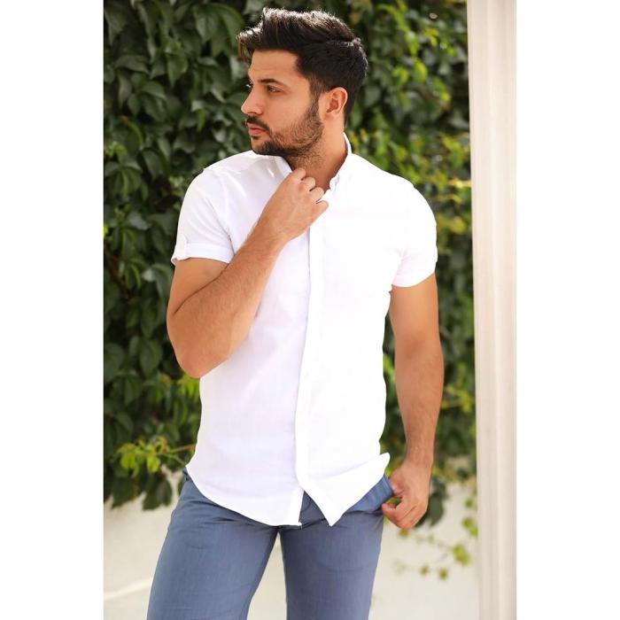 White short sleeve dress shirt for men