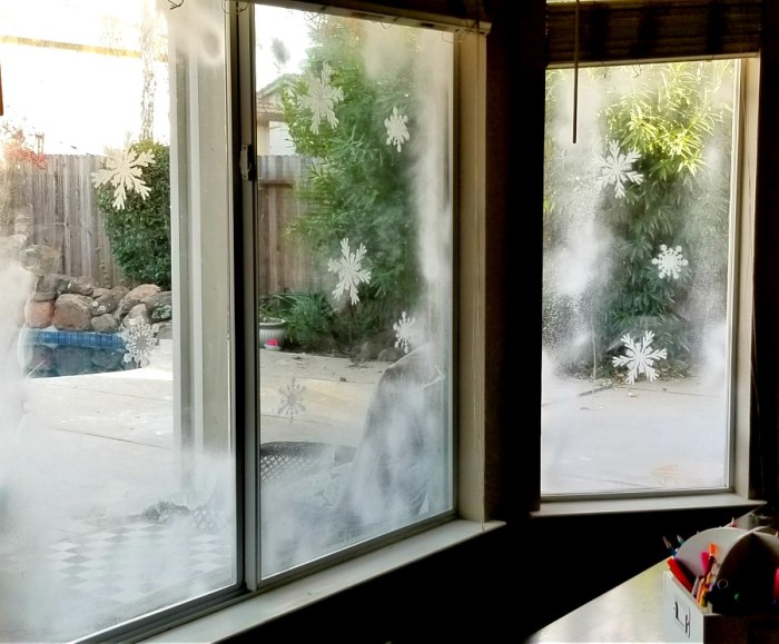 How to decorate window with snow spray tree